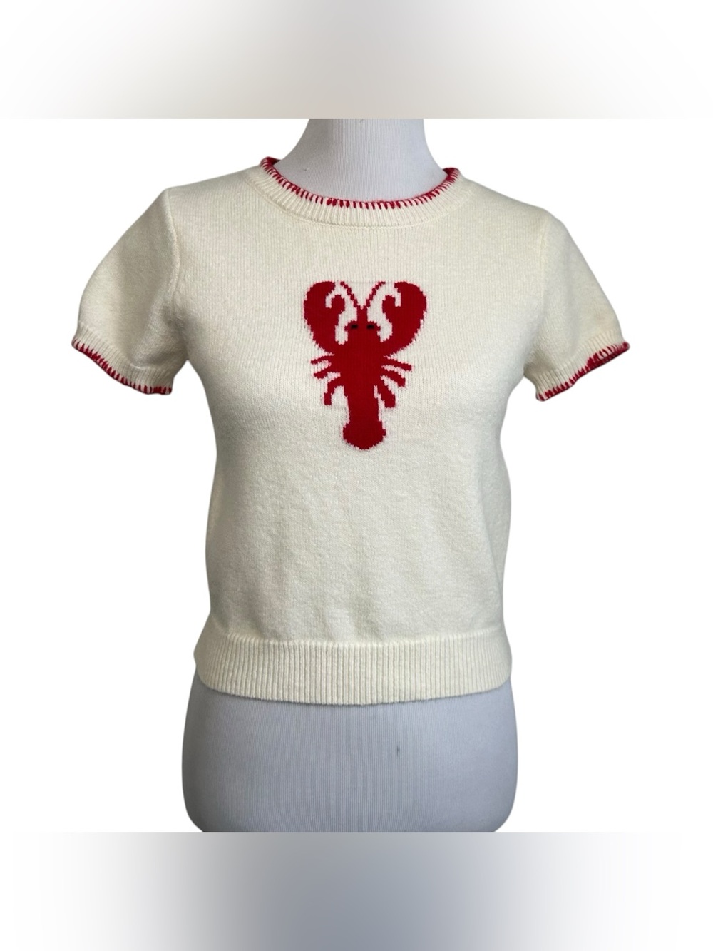 Pretty Garbage Womens Lobster Knit Short Sleeve Sweater Sz Medium Cream Babydoll